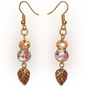 Czech Glass Rose & Leaf Dangle Earrings